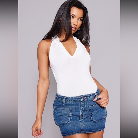 Pretty Little Thing Indigo Vintage Wash Cargo Pocket Front Denim Mini Skirt US 2 - Picture 9 of 11